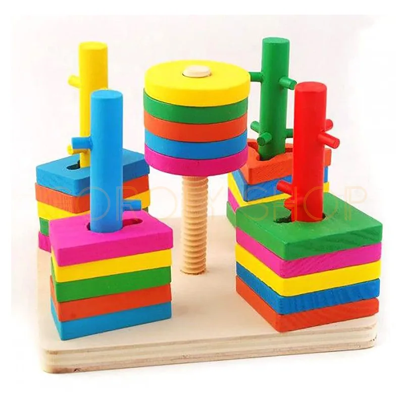 Wooden Five Column Set Blocks Geometry Puzzle | Montessori Shape Sorting Toy for Kids thumbnail 3