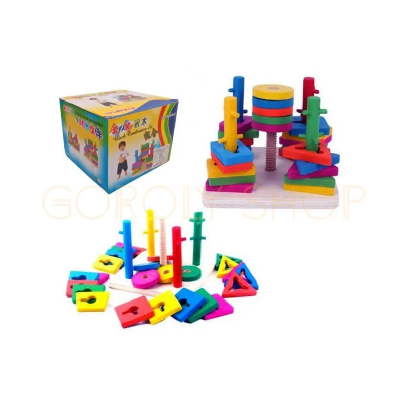 Wooden Five Column Set Blocks Geometry Puzzle | Montessori Shape Sorting Toy for Kids thumbnail 4