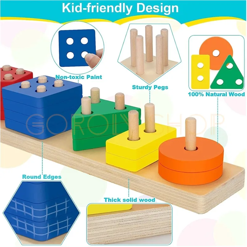 Geometric Five-Set Column Wooden Educational Toy | Montessori Shape Sorting & Stacking Puzzle for Kids thumbnail 2