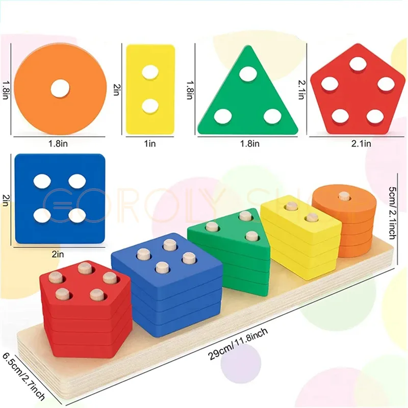 Geometric Five-Set Column Wooden Educational Toy | Montessori Shape Sorting & Stacking Puzzle for Kids thumbnail 3