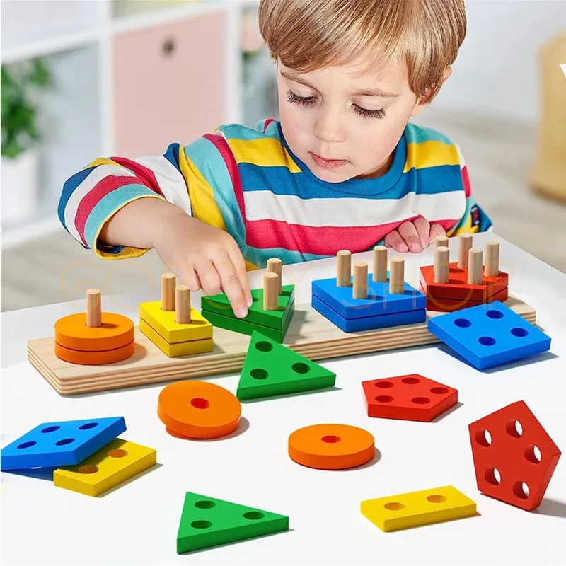Geometric Five-Set Column Wooden Educational Toy | Montessori Shape Sorting & Stacking Puzzle for Kids thumbnail 4