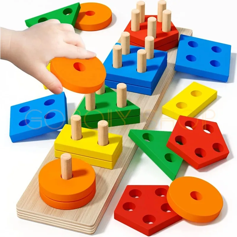 Geometric Five-Set Column Wooden Educational Toy | Montessori Shape Sorting & Stacking Puzzle for Kids thumbnail 5