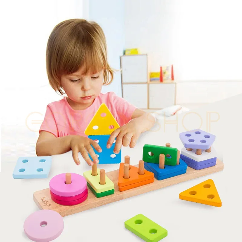 Geometric Five-Set Column Wooden Educational Toy | Montessori Shape Sorting & Stacking Puzzle for Kids thumbnail 7