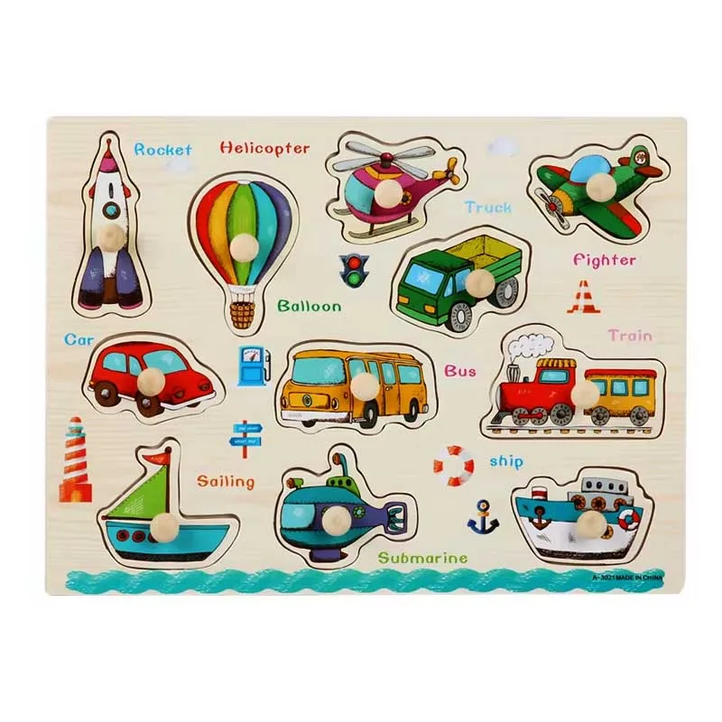 Wooden peg puzzle featuring various modes of transportation.