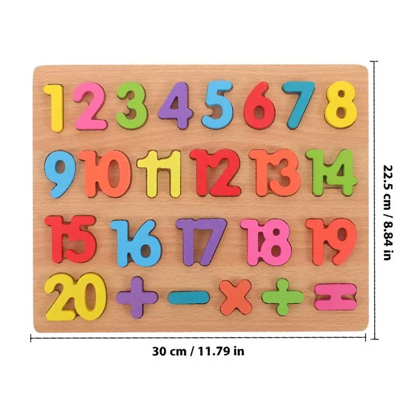 Wooden number puzzle board featuring numbers 1-20 and basic math symbols.