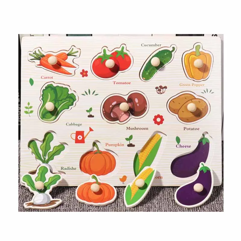 Wooden vegetable peg puzzle designed for toddlers.