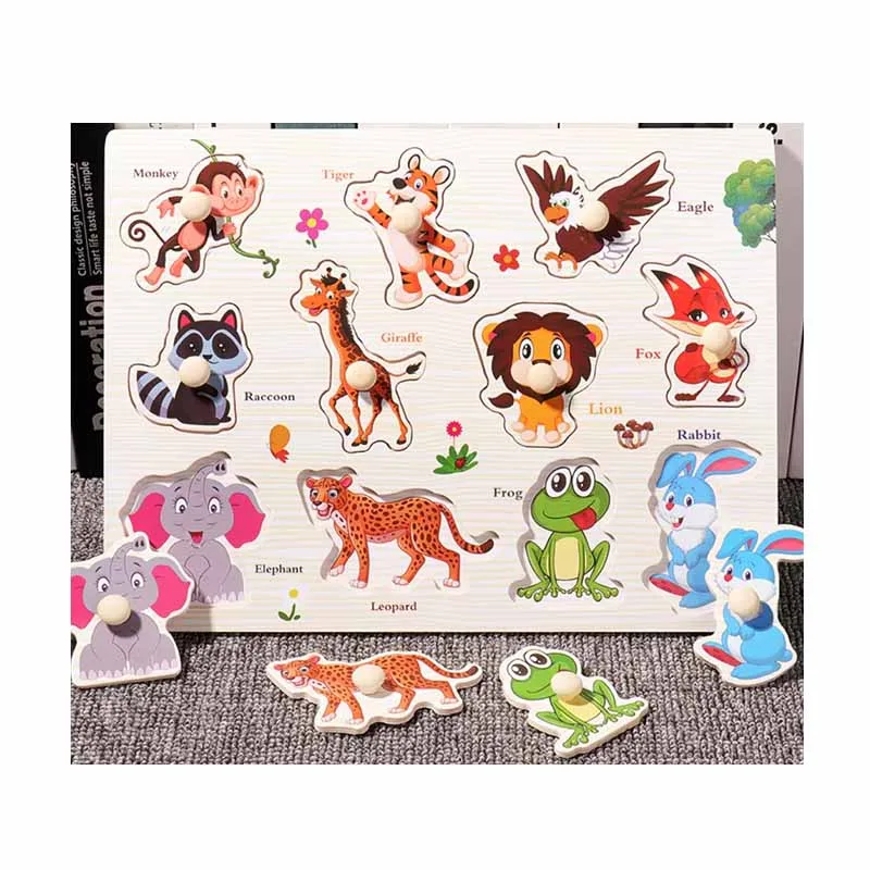 Montessori wooden hand-grab board puzzle for toddlers, featuring colorful cartoon animal pieces with knobs thumbnail 2