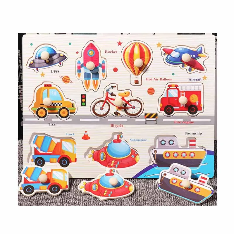 Wooden peg puzzle designed for toddlers to learn about various modes of transportation and vehicles. thumbnail 2