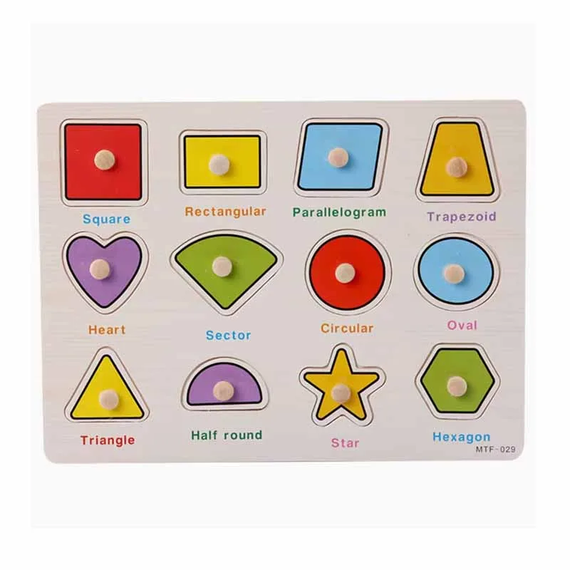 Montessori-style wooden geometry shape puzzle board featuring 12 colorful geometric pieces