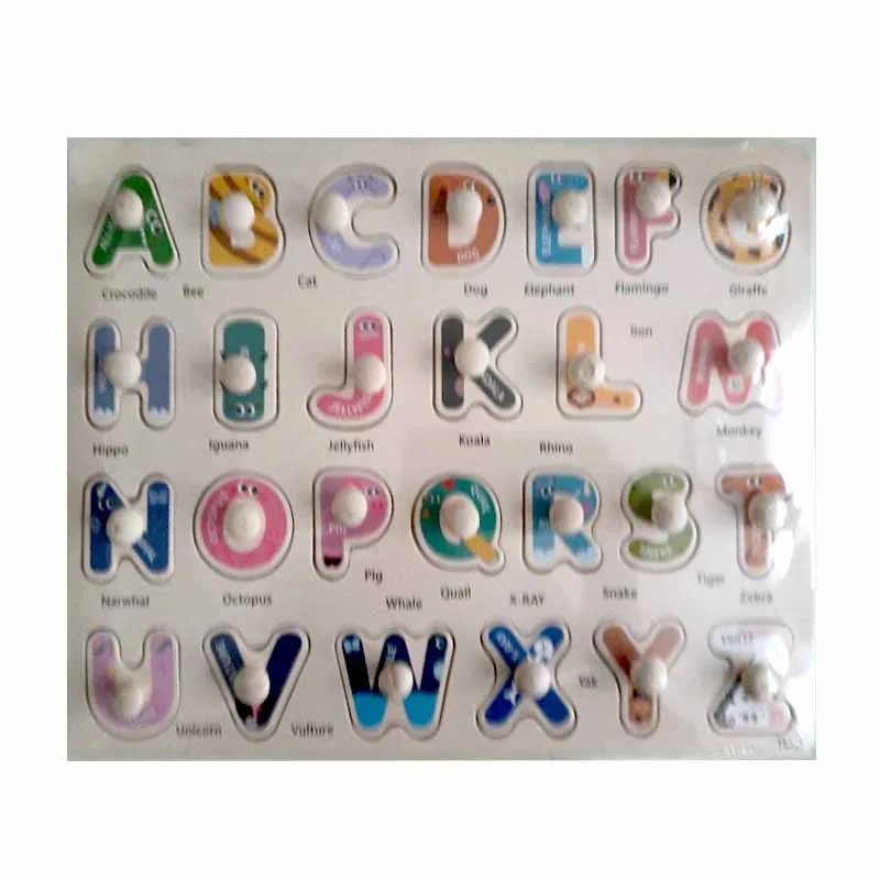 Educational uppercase wooden alphabet puzzle board with easy-grip pegs designed for toddlers.